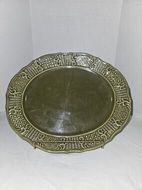 Vtg 1980’s Canonsburg Pottery Ironstone Madeira Green Oval 11” Serving Platter